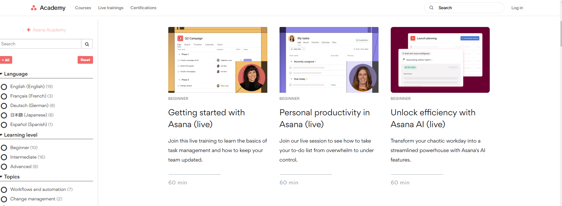 Asana Academy live video training material