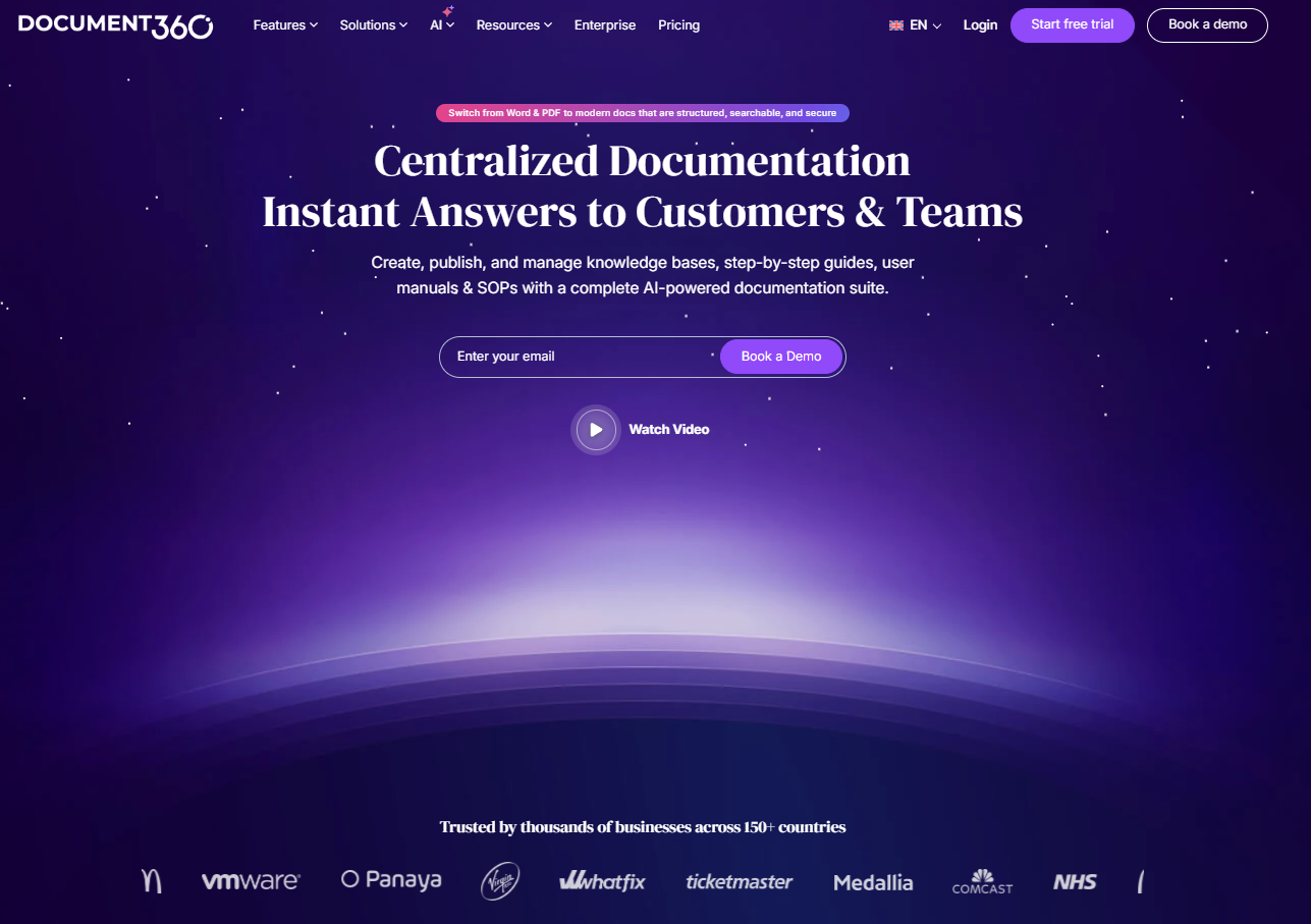Document360 homepage - Sales Content management