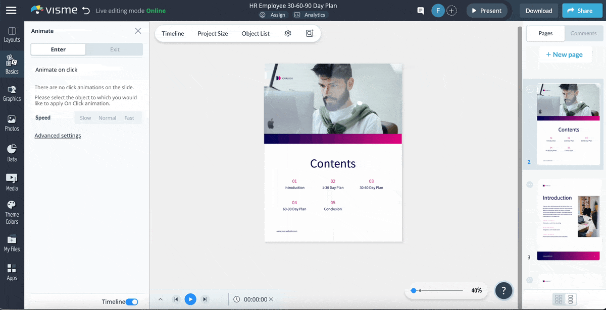 A GIF of adding animation and interactive elements in Visme