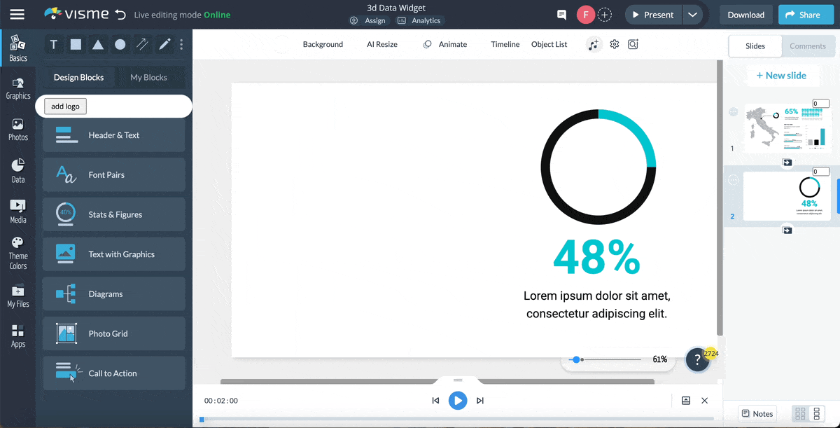 canva alternatives - an image of the maps graphs, charts, data widgets and infographics in Visme