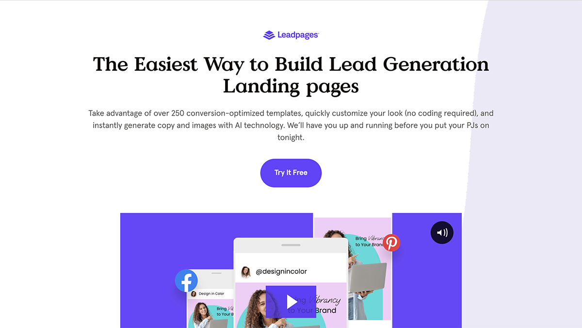 b2b lead generator - Leadpages home page