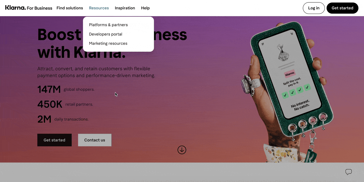 Website pop examples - Klarna