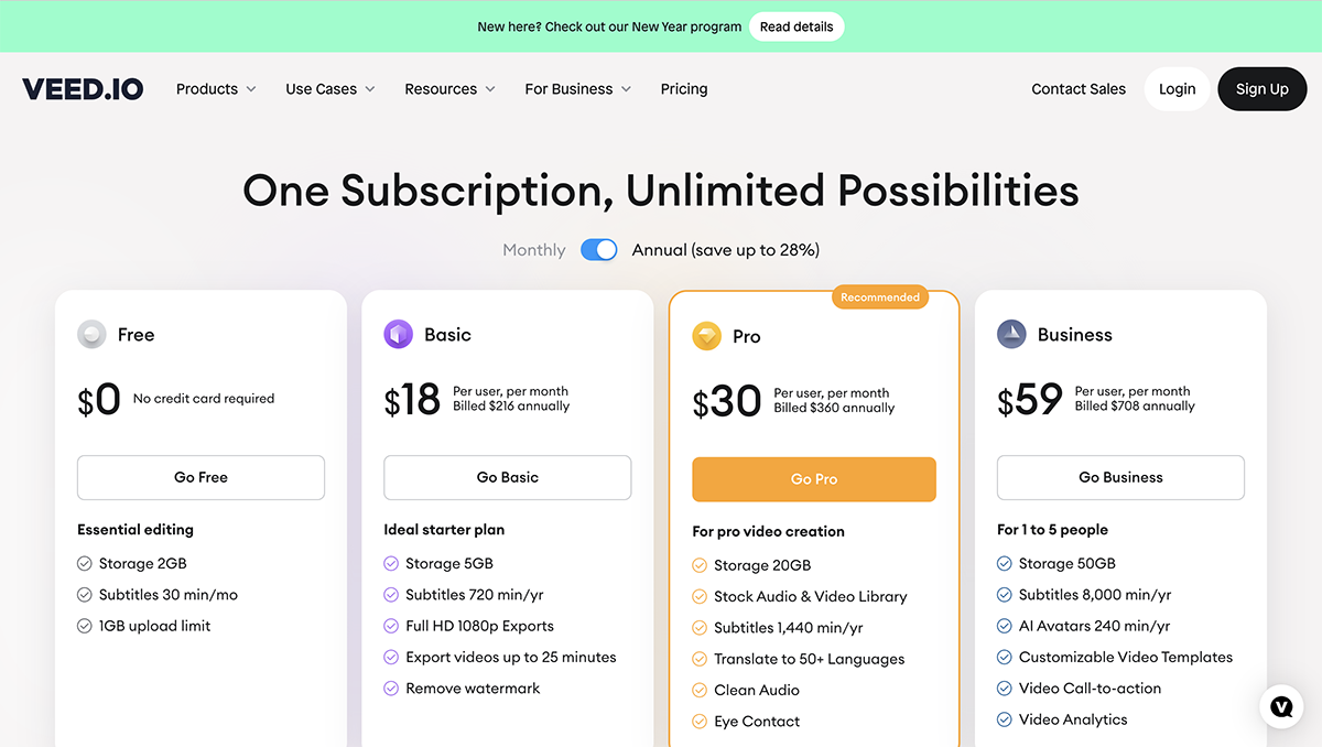 Best Free Video Editing Software - Veed.io pricing