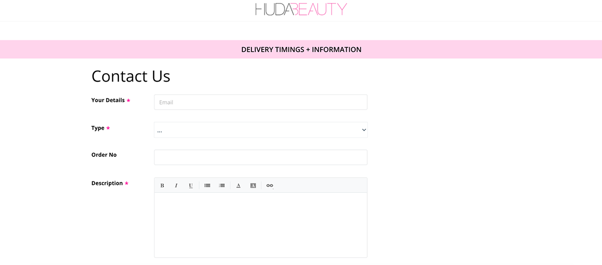 contact us page examples - Huda Beauty