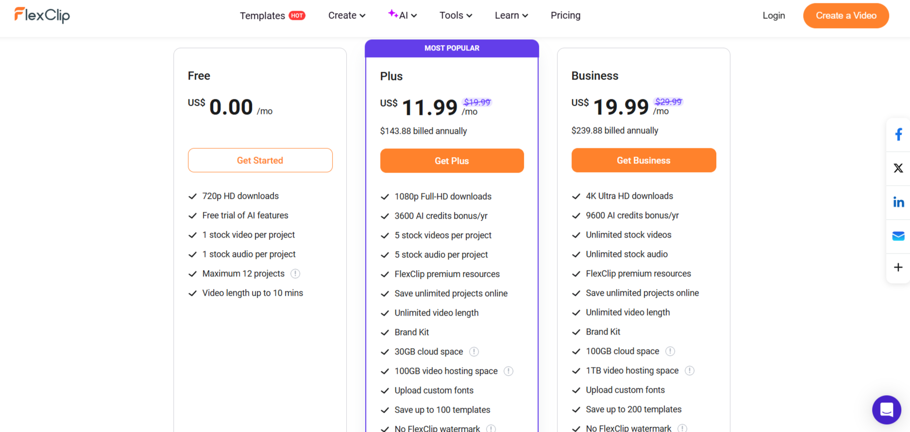 Best Free Video Editing Software - FlexClip pricing 
