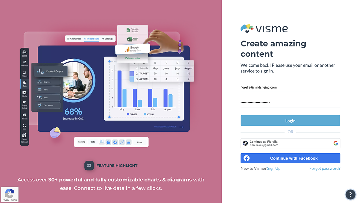 An image of Visme's registration and log in page