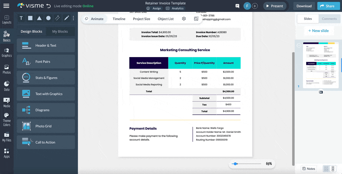 contractor invoice template - a GIF of how to linka CTA button to an external page