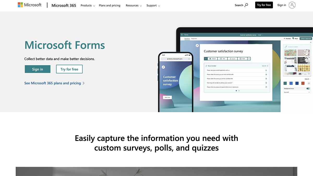 Google forms alternatives - Microsoft forms home page