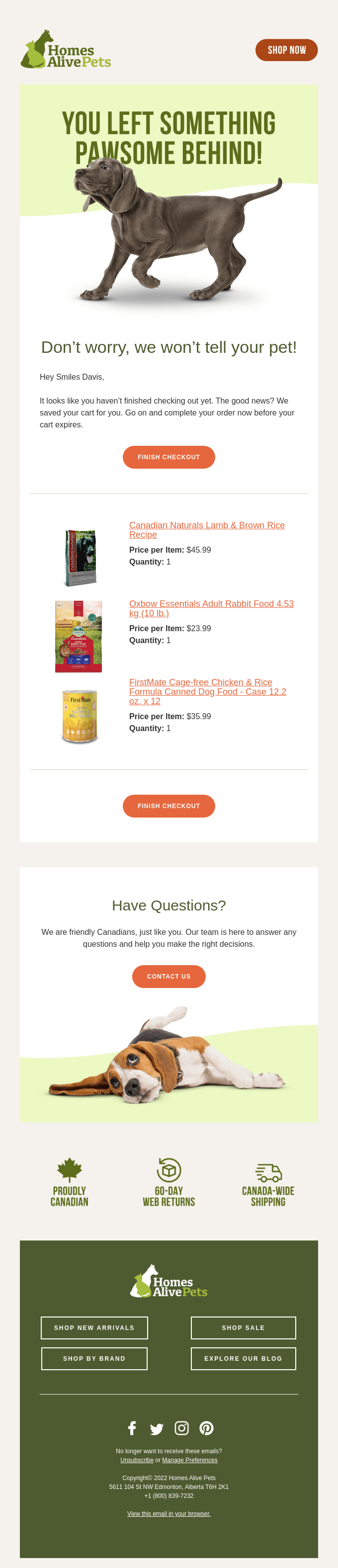 lead nurturing - Homes Alive Pets: Abandoned Cart Email