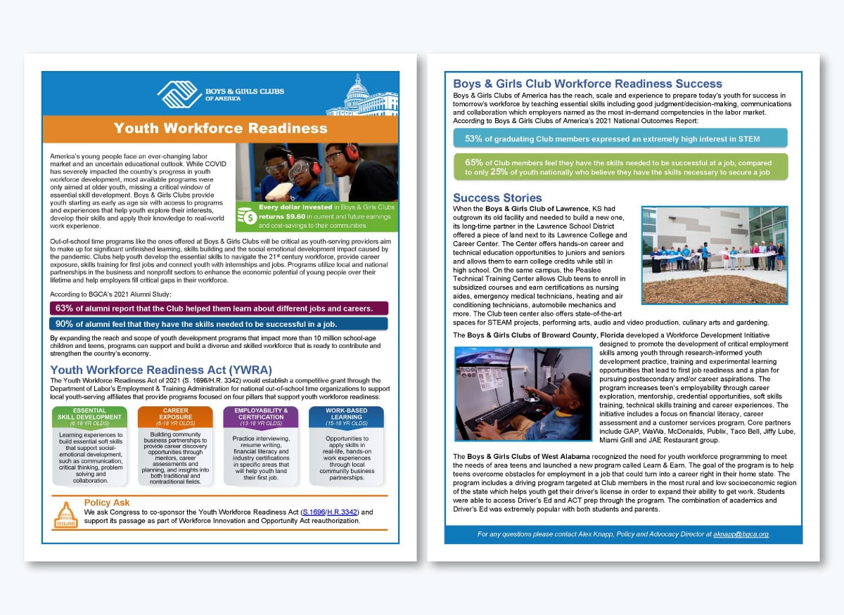 nonprofit one pager - Boys & Girls Clubs of America Youth Workforce Readiness one pager