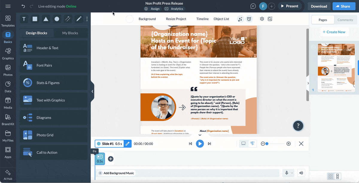 nonprofit one pager - a GIF showing how to add animation and interactive elements 