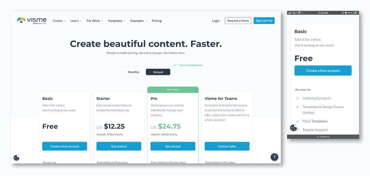 B2B lead nurturing - Visme pricing on web and mobile