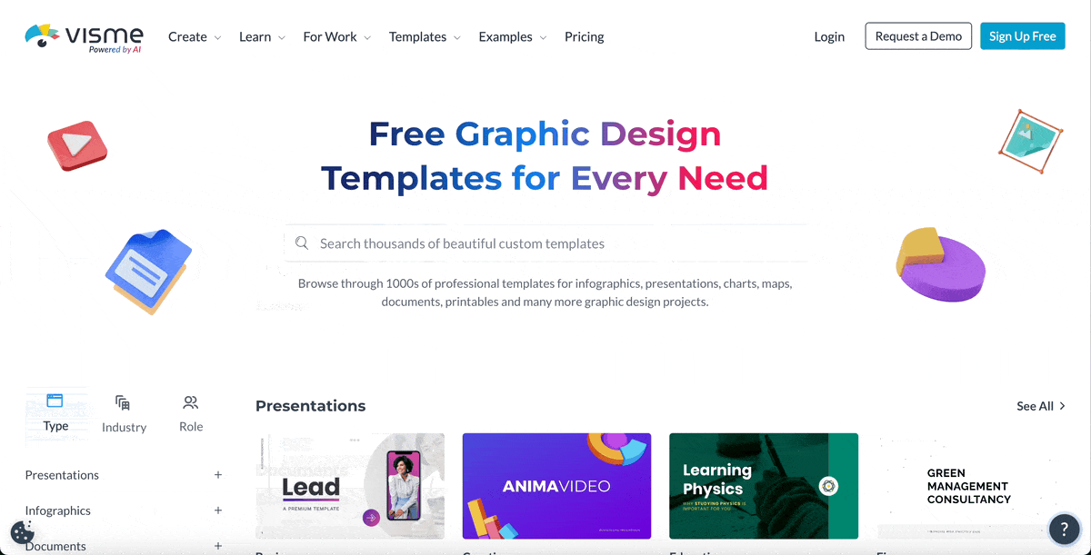 A GIF showing how to filter Visme's template library by type, role and industry.