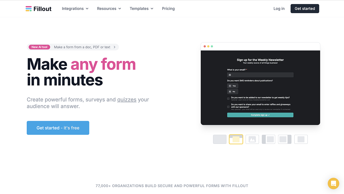 Typeform alternatives - Fillout home page