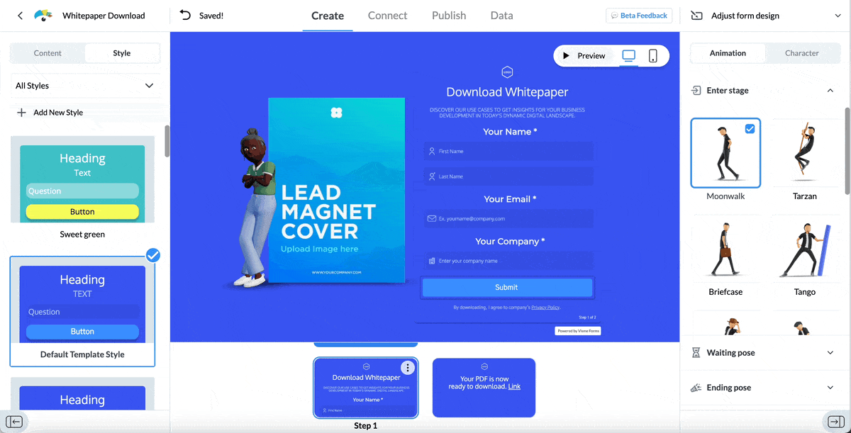 a GIF of how to customize the animations in Visme forms