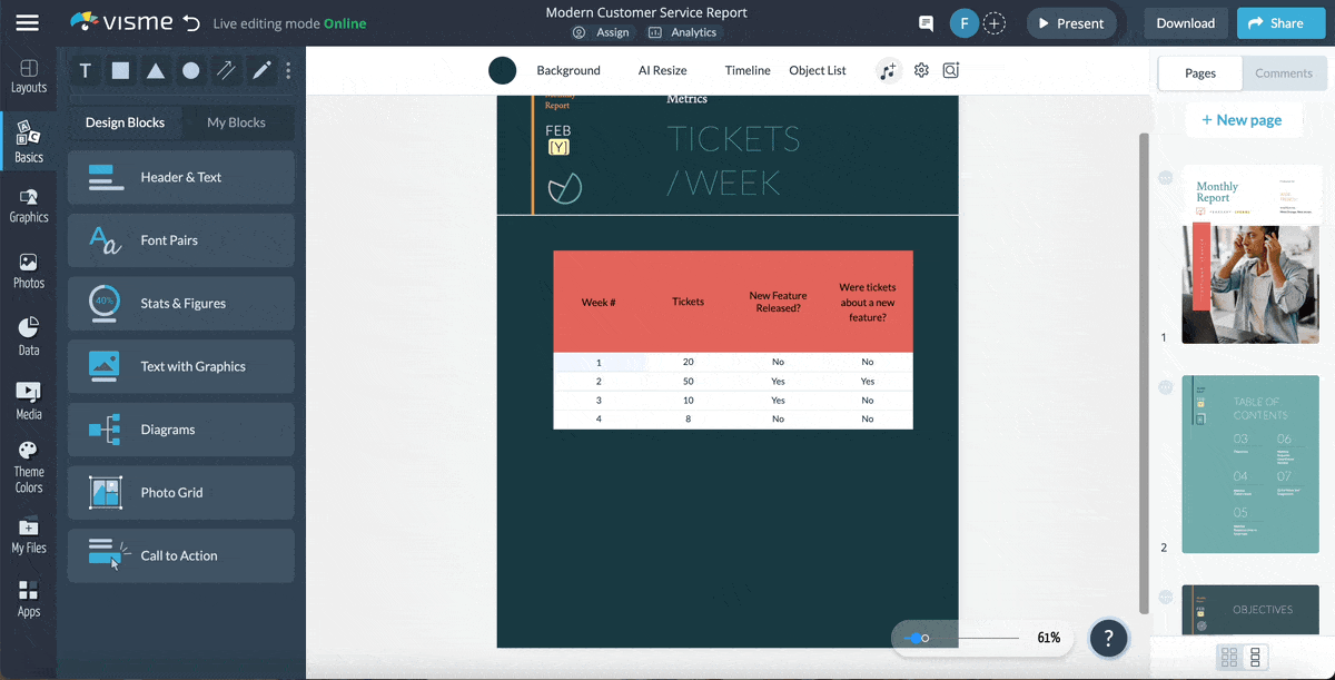 GIF showing how to link connect table or charts on a report to live data