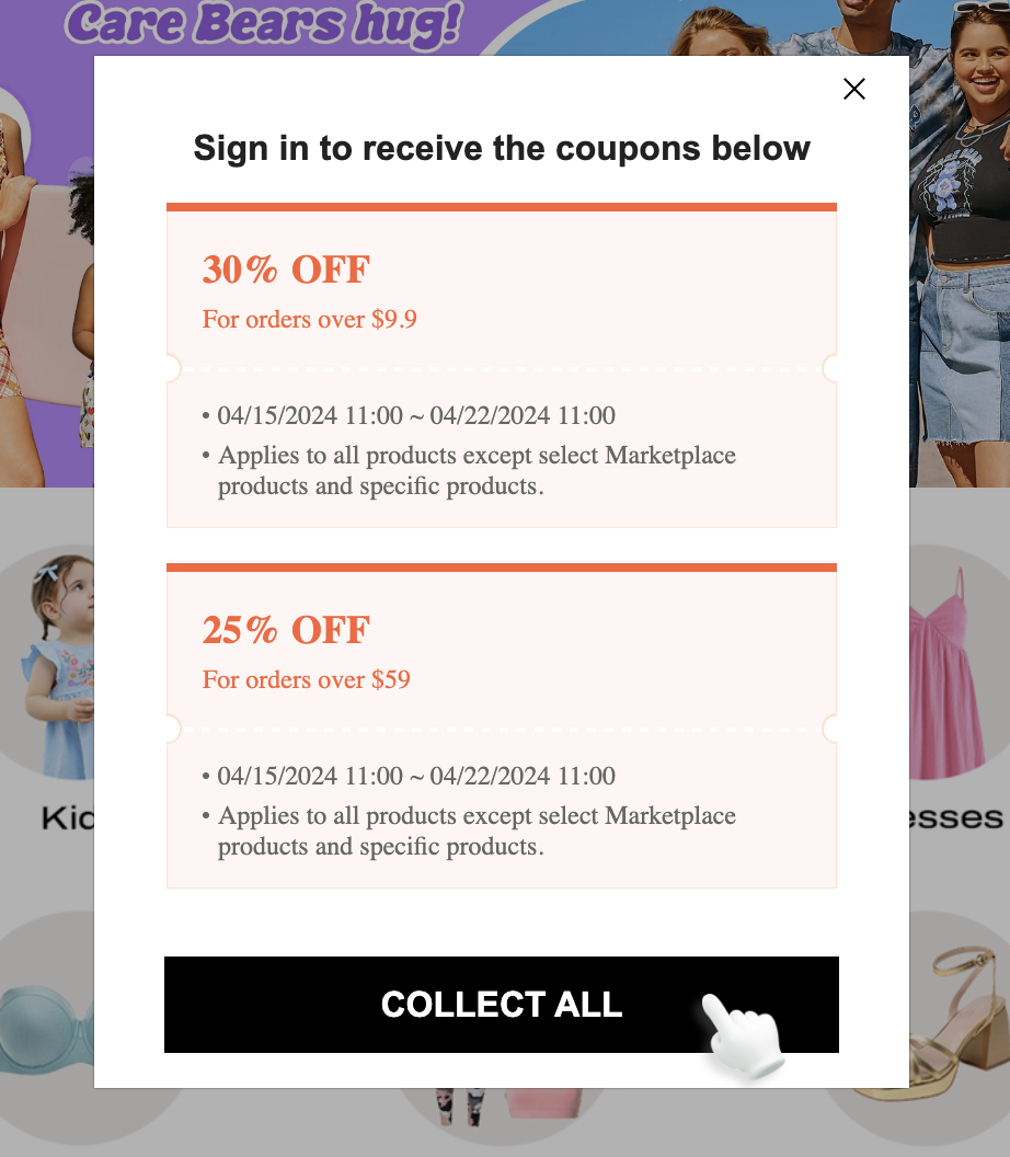 exit intent popup examples - Shein