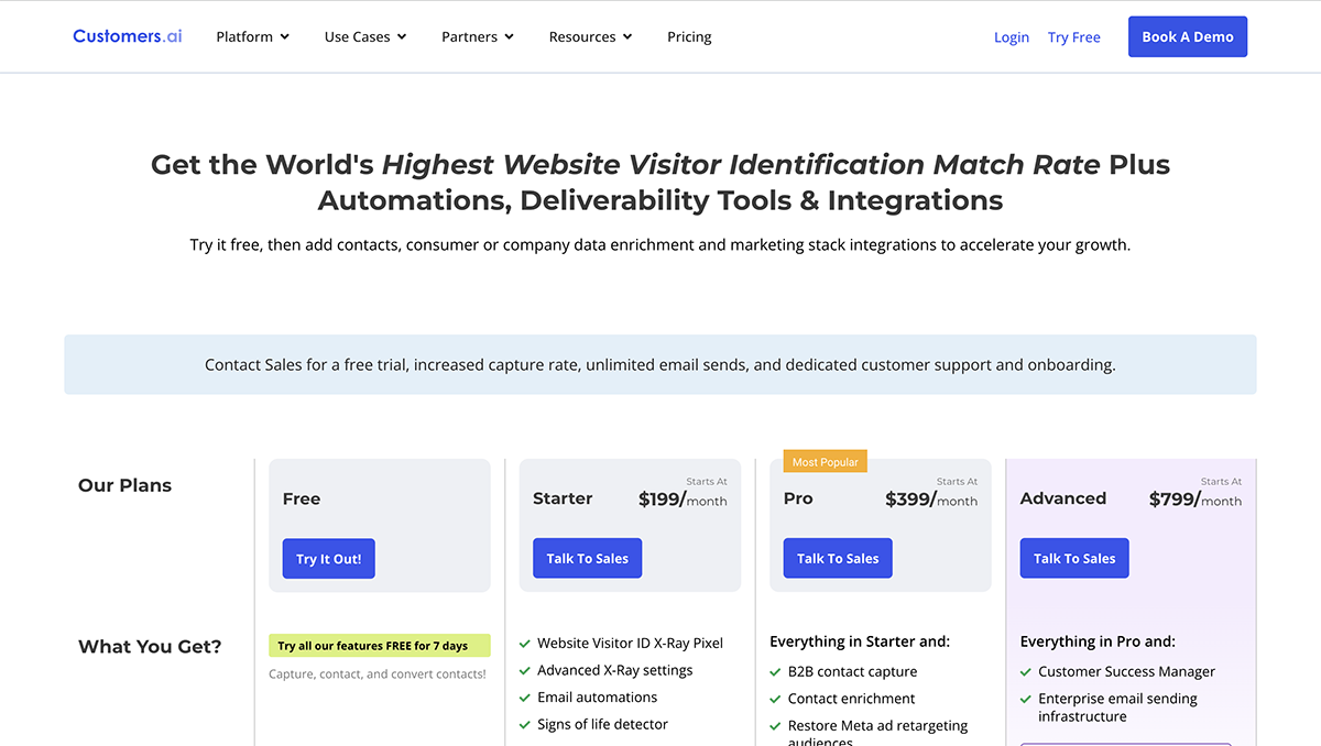 AI lead generation tools - Customers.ai pricing page