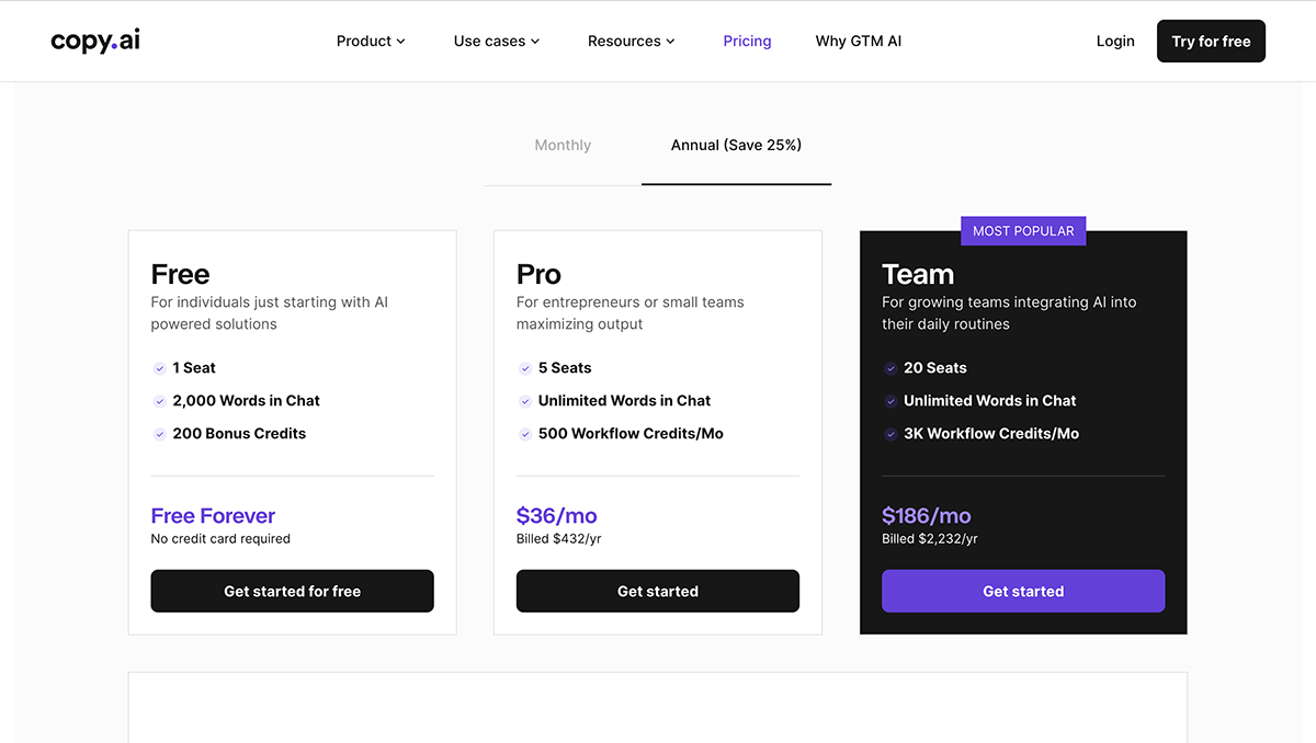 AI lead generation tools - Copy.ai pricing page