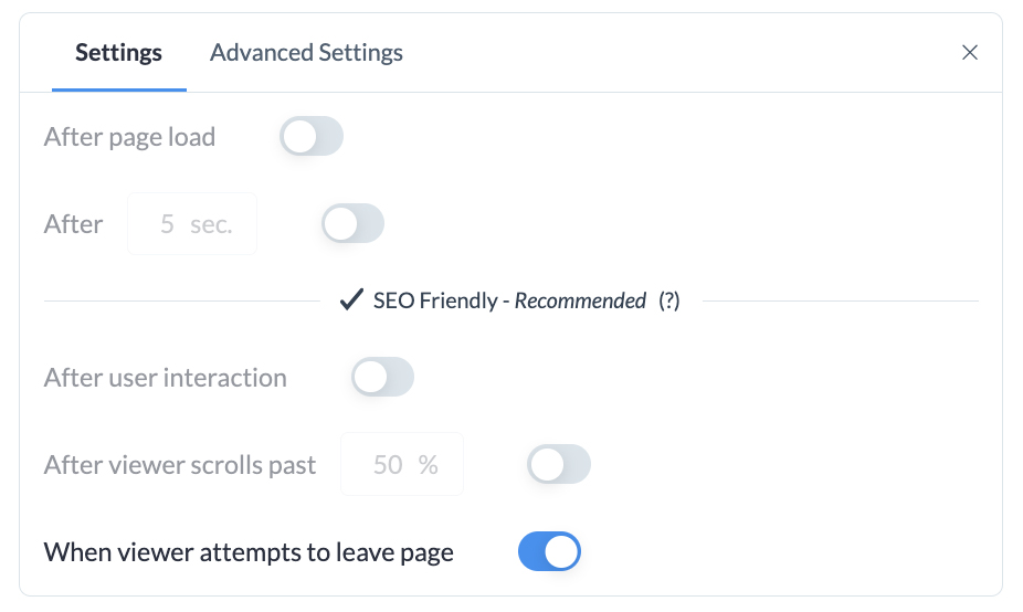 How to make an exit intent popup - Enable popup settings 