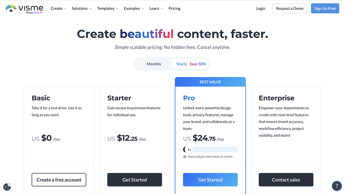 best tools for sales lead generation - Visme pricing page