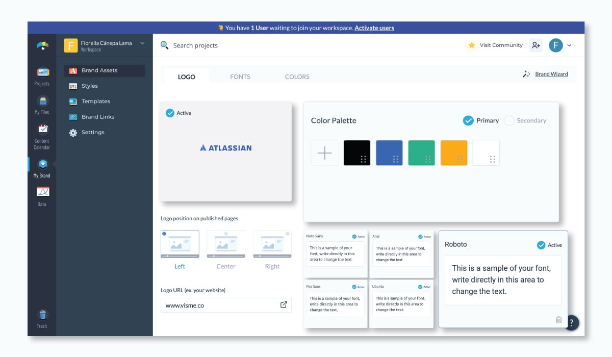 an image of Atlassian color palette in Visme's brand kit 
