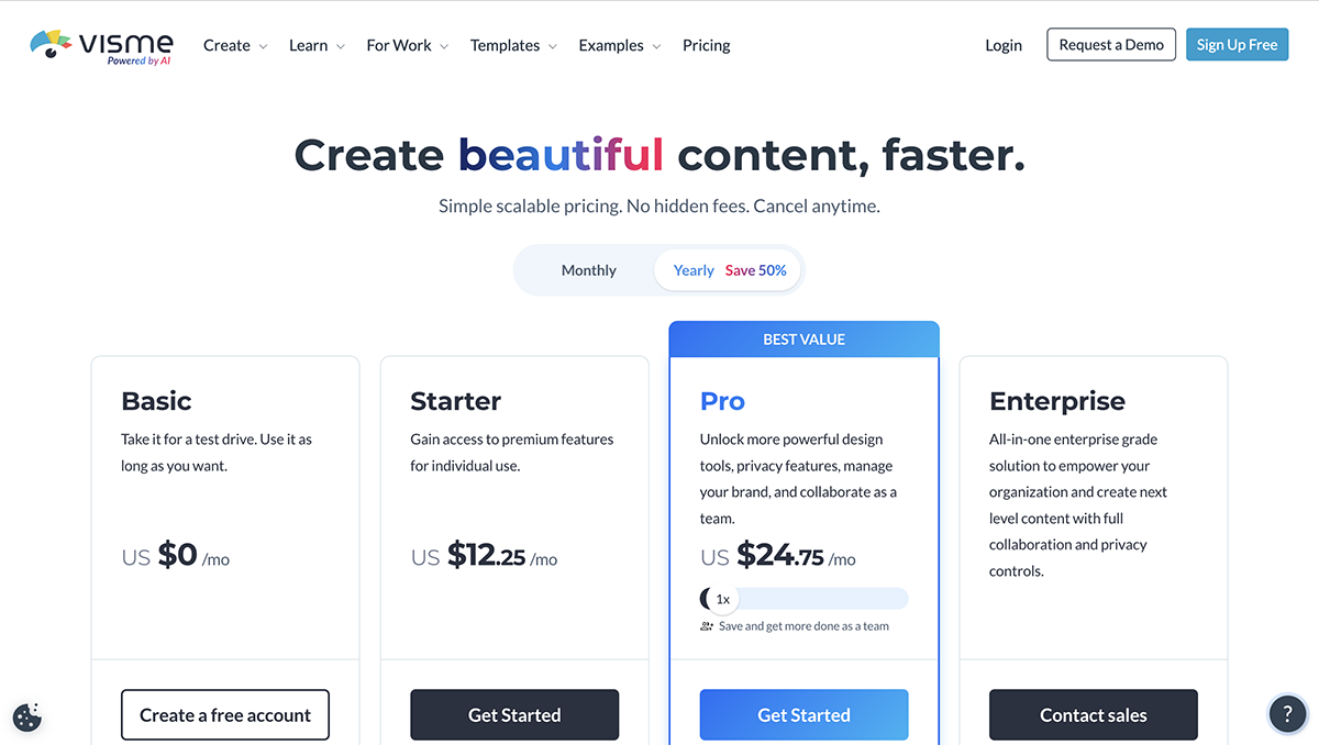 customer success tools - an image of Visme pricing page