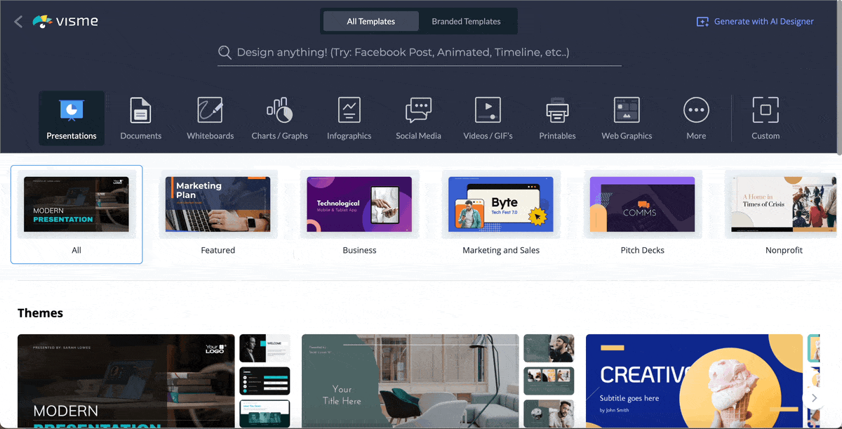 customer success tools - a GIF of scrolling Visme's template library