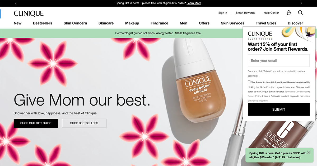 exit intent popup examples - Clinique