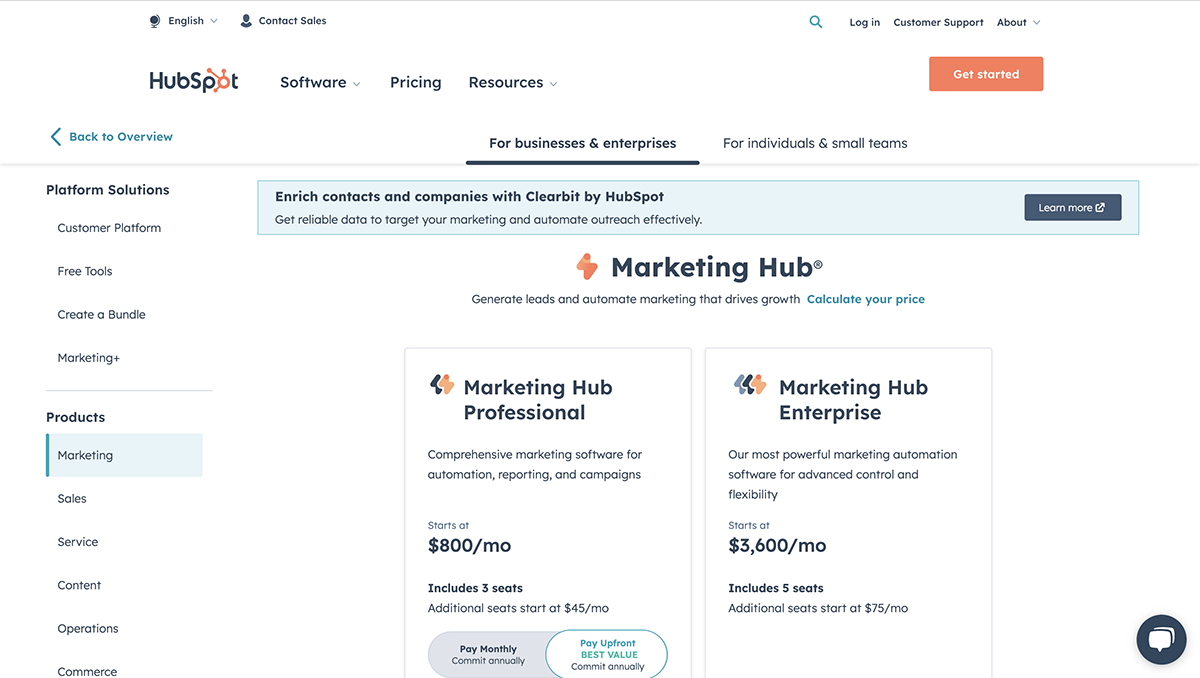 best tools for sales lead generation - HubSpot pricing page