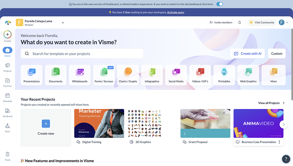 Adobe Captivate vs Articulate 360 - A screenshot of Visme's dashboard