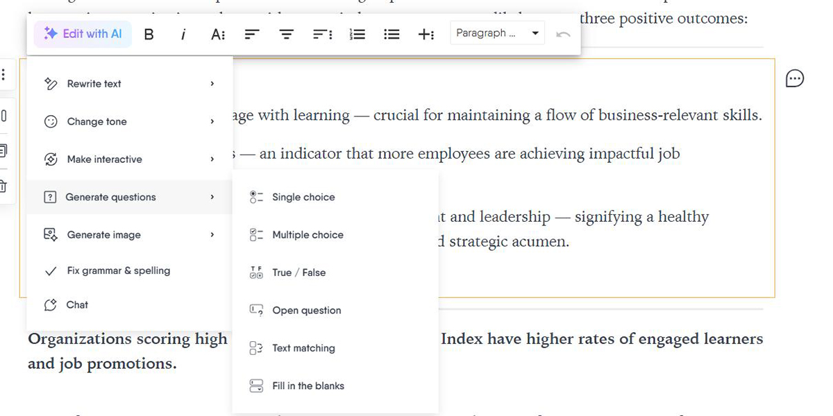 articulate alternatives - a screenshot of easygenerator showing built-in ai assistant