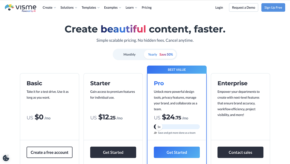Adobe Captivate vs Articulate 360 - A screenshot of Visme pricing