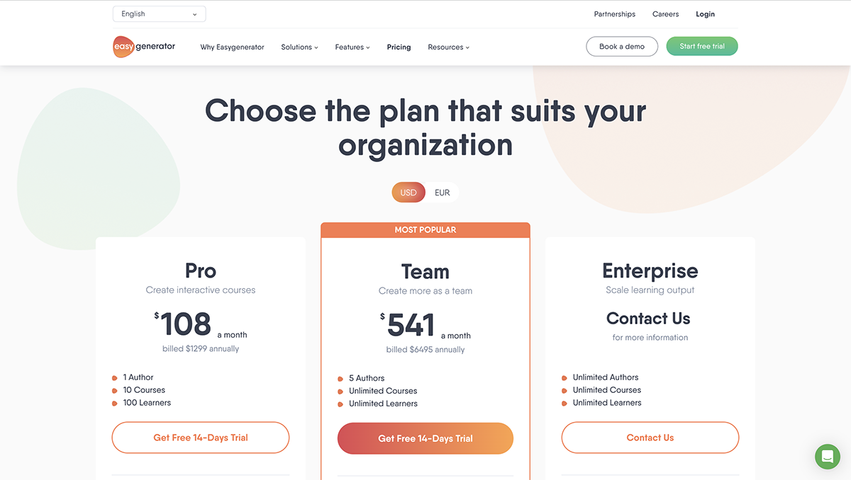 articulate alternatives - a screenshot of Easygenerator pricing page