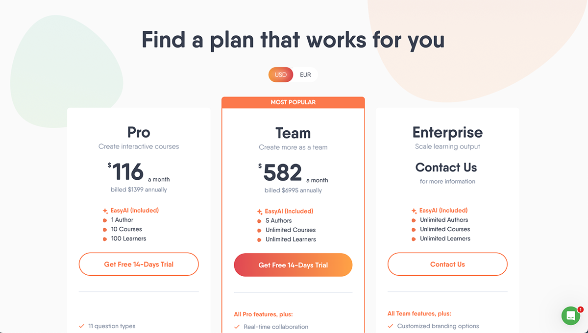 best adobe captivate alternatives - Easygenerator priicing