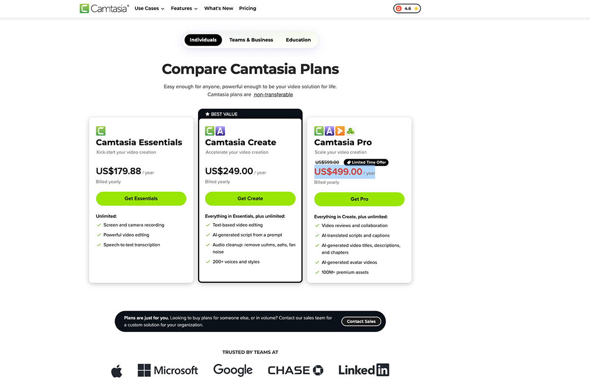 best adobe captivate alternatives - screenshot of Camtasia pricing