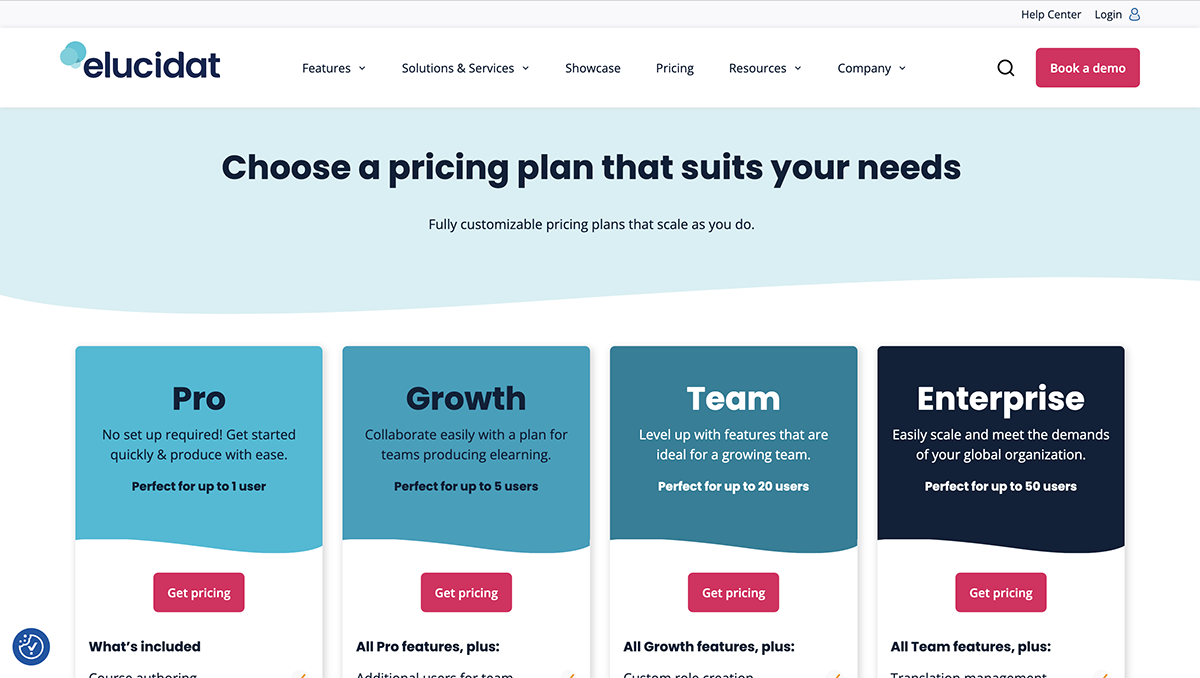 best adobe captivate alternatives - screenshot of Elucidat pricing page