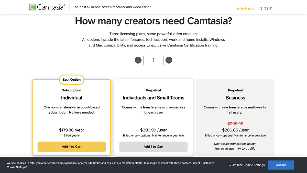 articulate alternatives - a screenshot of Camtasia pricing