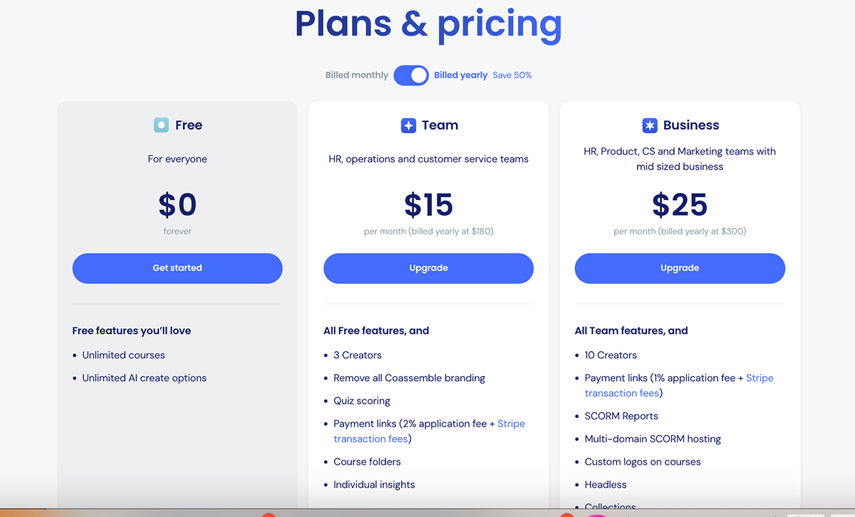 best adobe captivate alternatives - screenshot of Coassemble pricing