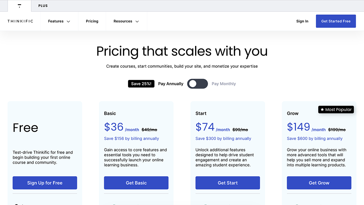 articulate alternatives - a screenshot of Thinkific pricing page