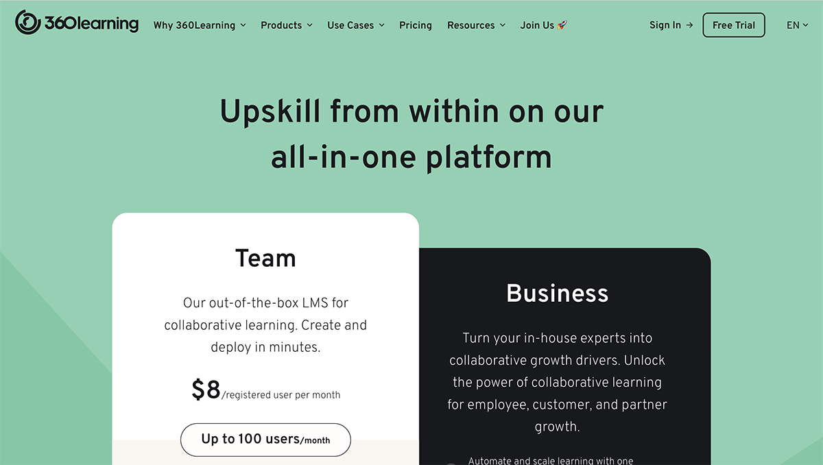 articulate alternatives - a screenshot of 360 learning pricing page