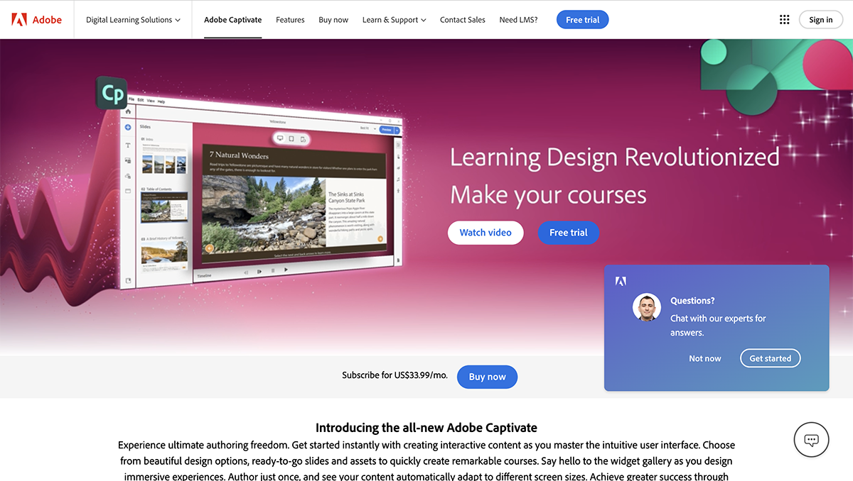 Adobe Captivate vs Articulate 360 - A screenshot of Adobe Captivate home page