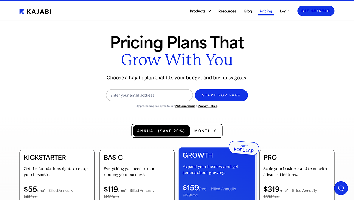 articulate alternatives - a screenshot of Kajabi pricing page