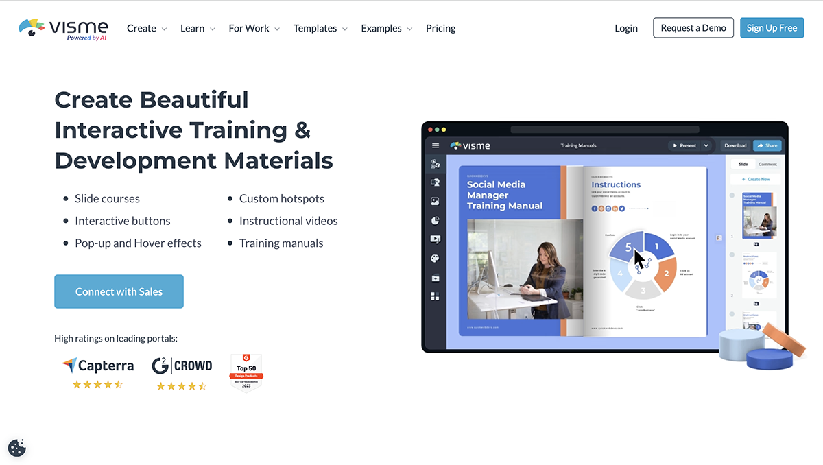 articulate alternatives - a screenshot of Visme's training and development landing page