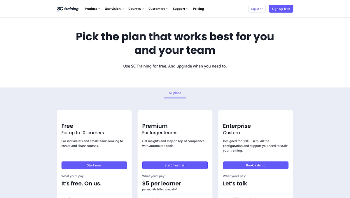articulate alternatives - a screenshot of SC training pricing page