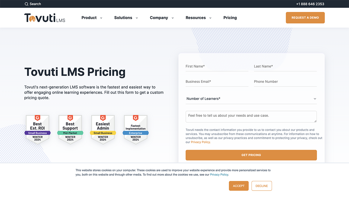 articulate alternatives - a screenshot of Tovuti LMS pricing page