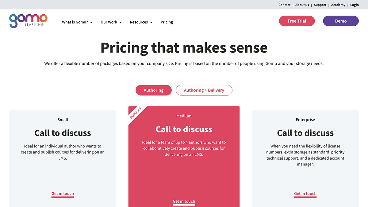 best adobe captivate alternatives - screenshot of Gomo learning pricing page