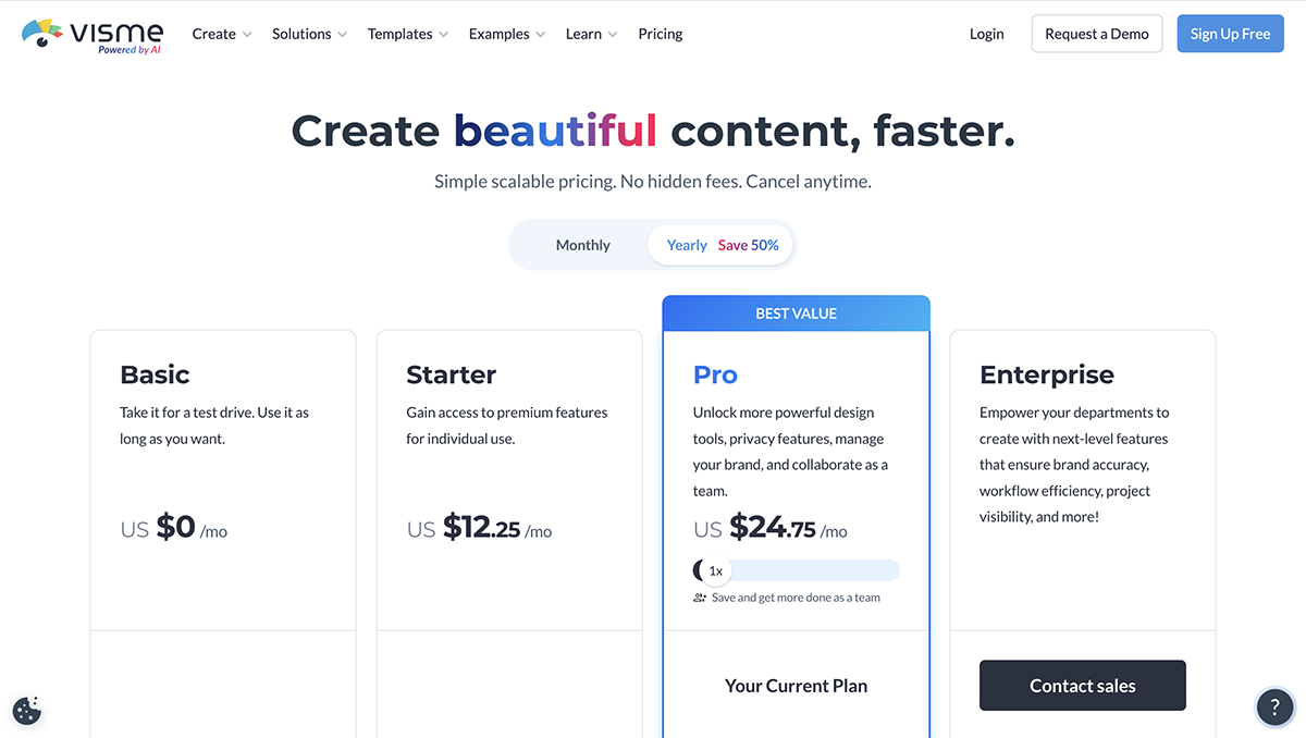 articulate alternatives - a screenshot of Visme pricing