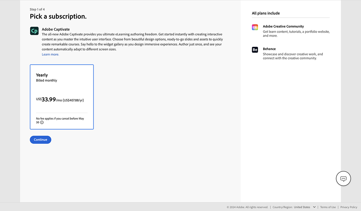 Adobe Captivate vs Articulate 360 - A screenshot of Adobe Captivate pricing page