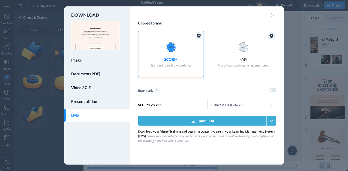articulate alternatives - a screenshot of how to use visme's scorm and xapi export
